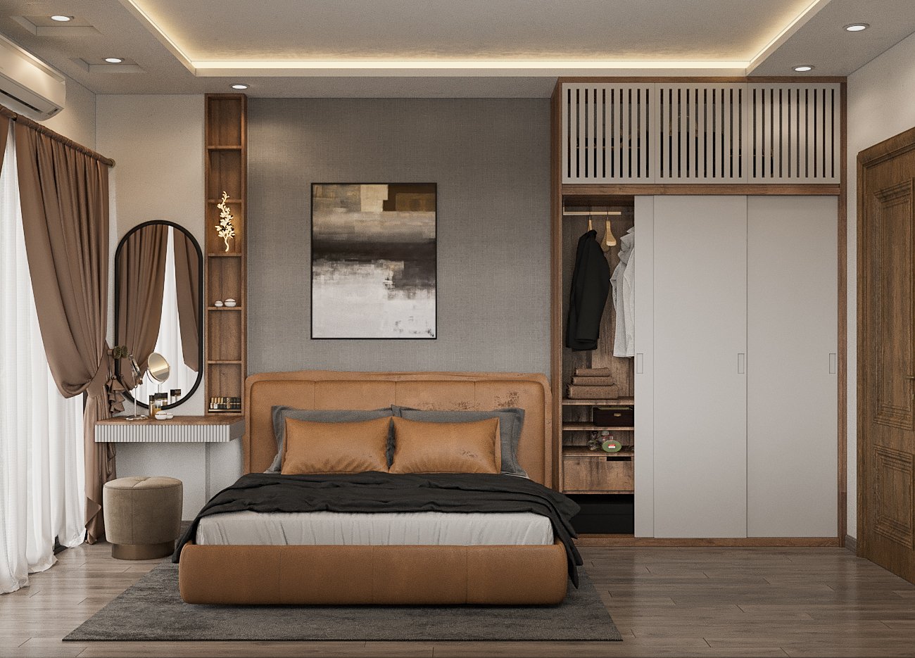 Phòng ngủ master trong nhà phố 4 tầng phong cách hiện đại sử dụng nội thất cao cấp với gam màu trung tính trang nhã, hài hòa.