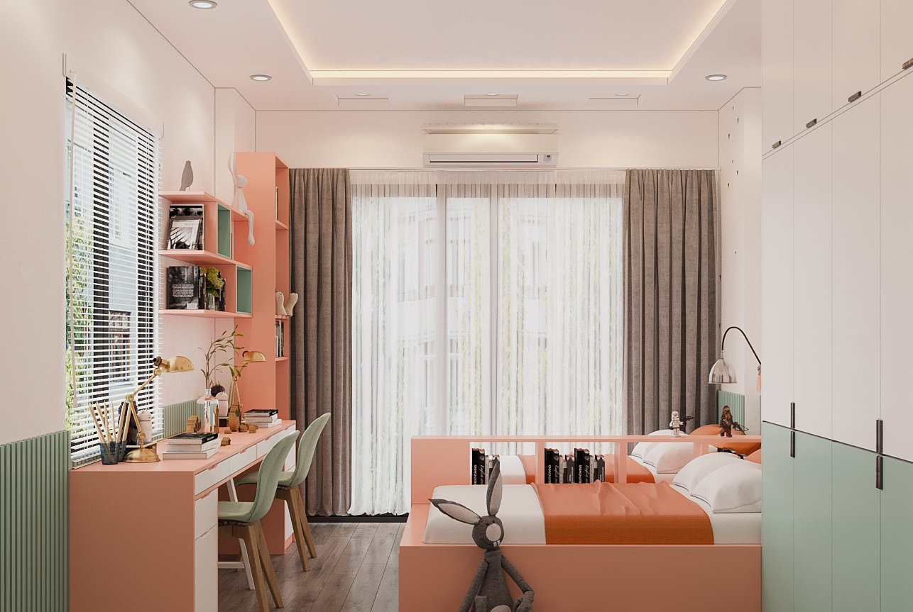 hình ảnh phòng ngủ con gái với giường, bàn ghế, giá sách màu cam đào, tường trắng, cửa sổ kính