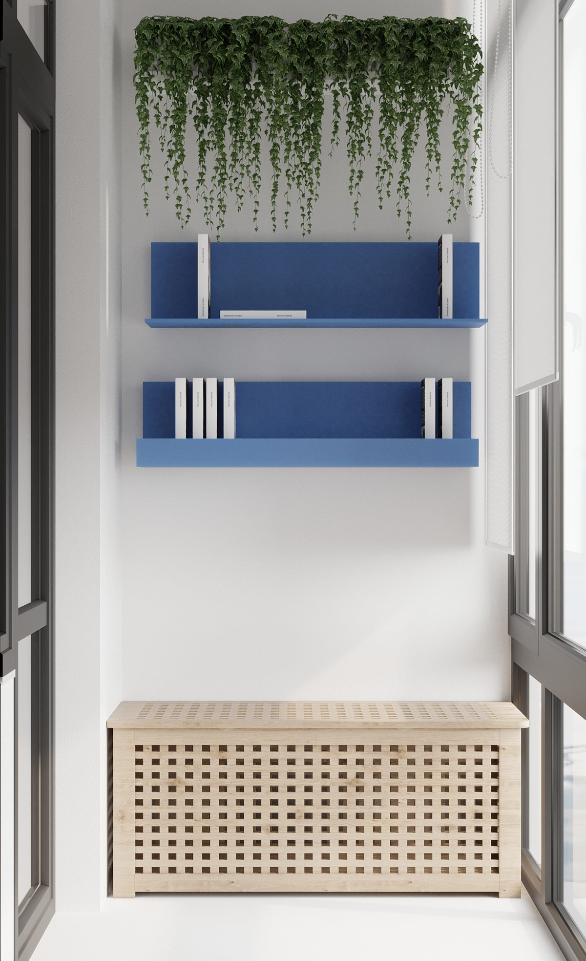 Một băng ghế lưu trữ khác lấp đầy góc đối diện, bên dưới một cặp kệ treo tường ​ màu xanh lam mát mắt.