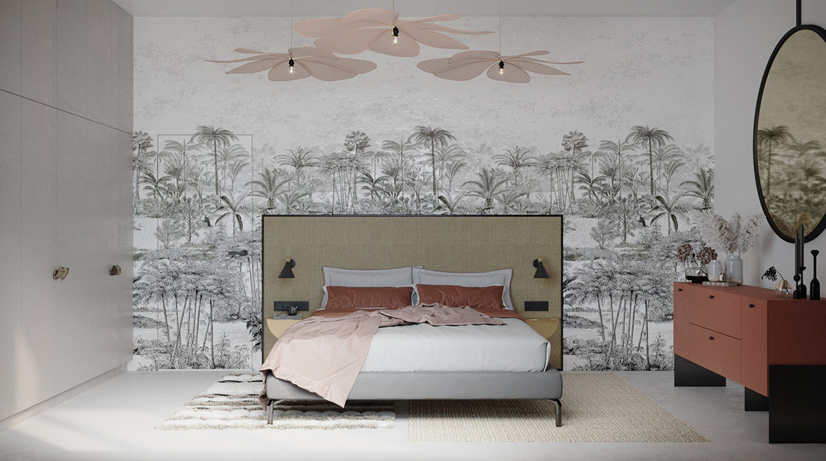 Nội thất, phụ kiện màu hồng đào đậm và tranh tường đen - trắng họa tiết cây dừa tạo điểm nhấn cho phòng ngủ master kiểu cổ điển. 