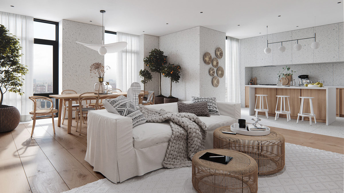 Đồ nội thất bằng gỗ tự nhiên, bàn cà phê tròn bằng mây và vải sợi lanh mang đến cho phòng khách căn hộ 100m2 vẻ đẹp mộc mạc, gần gũi.