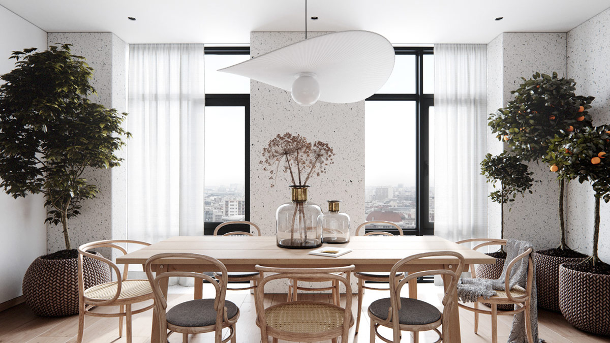 phòng ăn trong căn hộ hiện đại với bàn ghế gỗ, đèn thả mặt dây chuyền màu trắng nổi bật, cửa sổ kính, rèm mỏng 