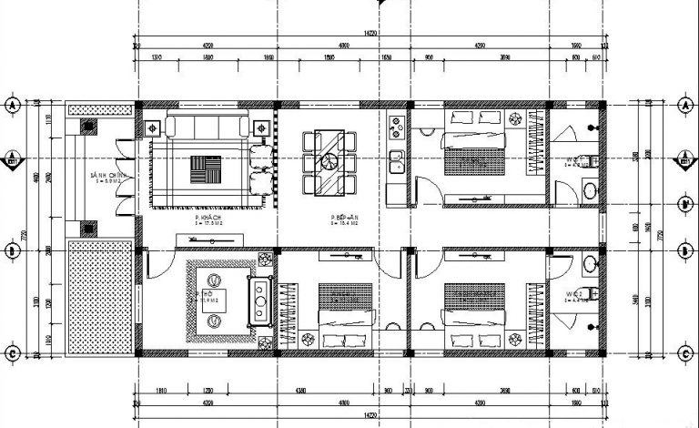 Mặt bằng bố trí nội thất nhà ống 1 tầng 3 phòng ngủ hiện đại