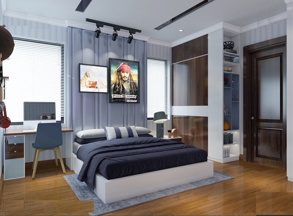 Phòng ngủ kết hợp góc làm việc tại nhà của cậu con trai với thiết kế nội thất hiện đại, thể hiện dấu ấn riêng của chủ sở hữu.