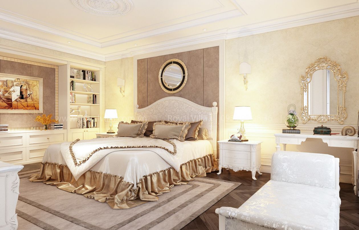 Không gian phòng ngủ master rộng rãi, sử dụng nội thất cao cấp phong cách  ​tân cổ điển tinh tế, quyến rũ.