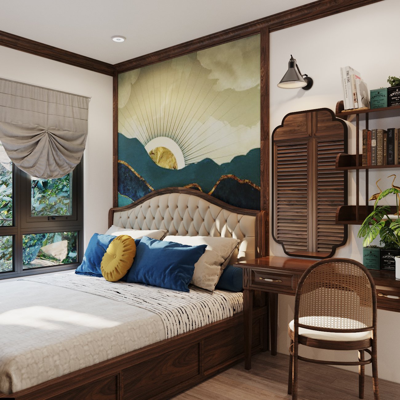 Thiết kế phòng ngủ master gây ấn tượng bởi tranh tường đầu giường mô tả cảnh mặt trời khuất núi "huyền thoại". Căn phòng tích hợp thêm góc làm việc gọn gàng.