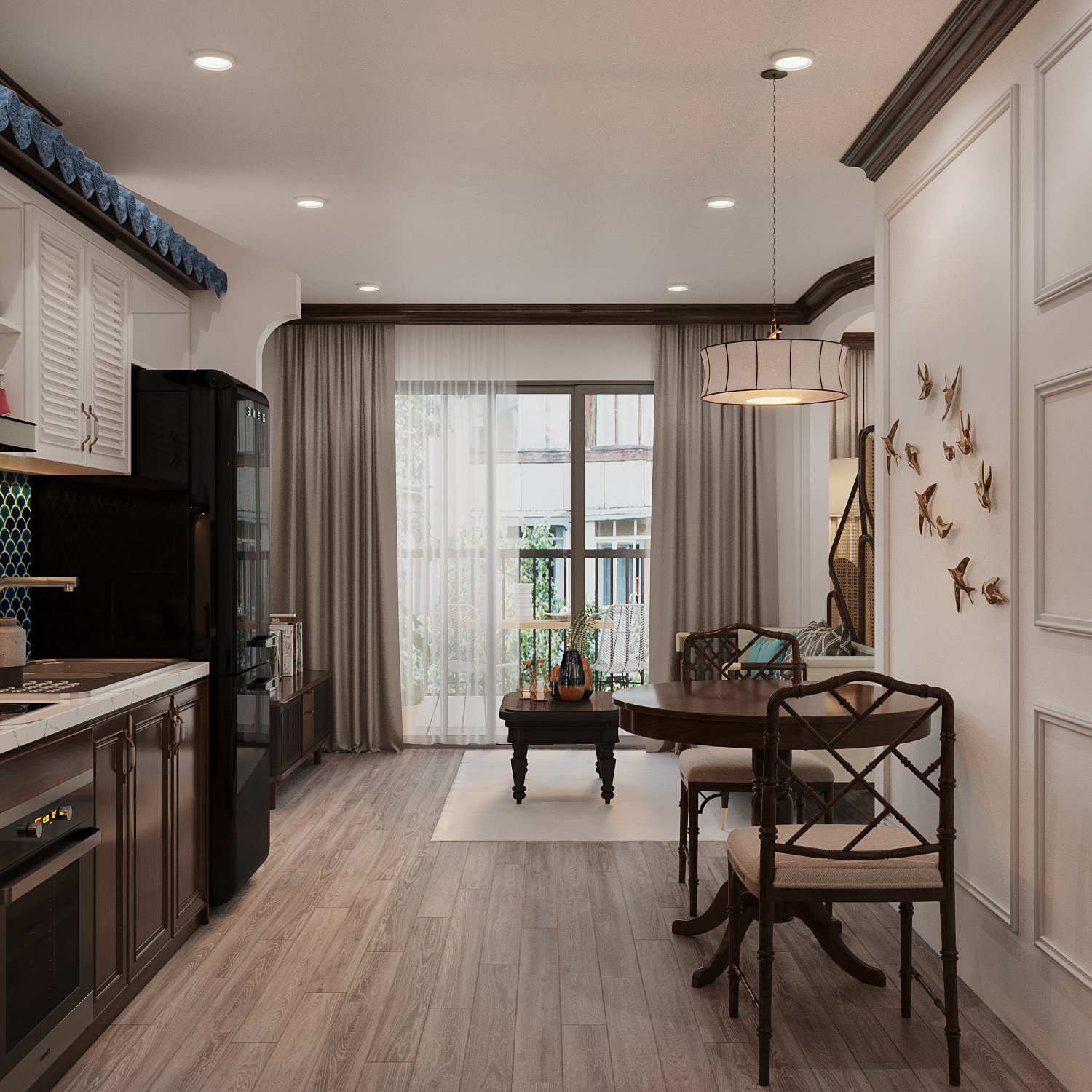 Không gian bếp - ăn được thiết kế liên thông với phòng khách và tận dụng được tối đa ánh sáng tự nhiên từ cửa kính mở ra ban công căn hộ 64m2.