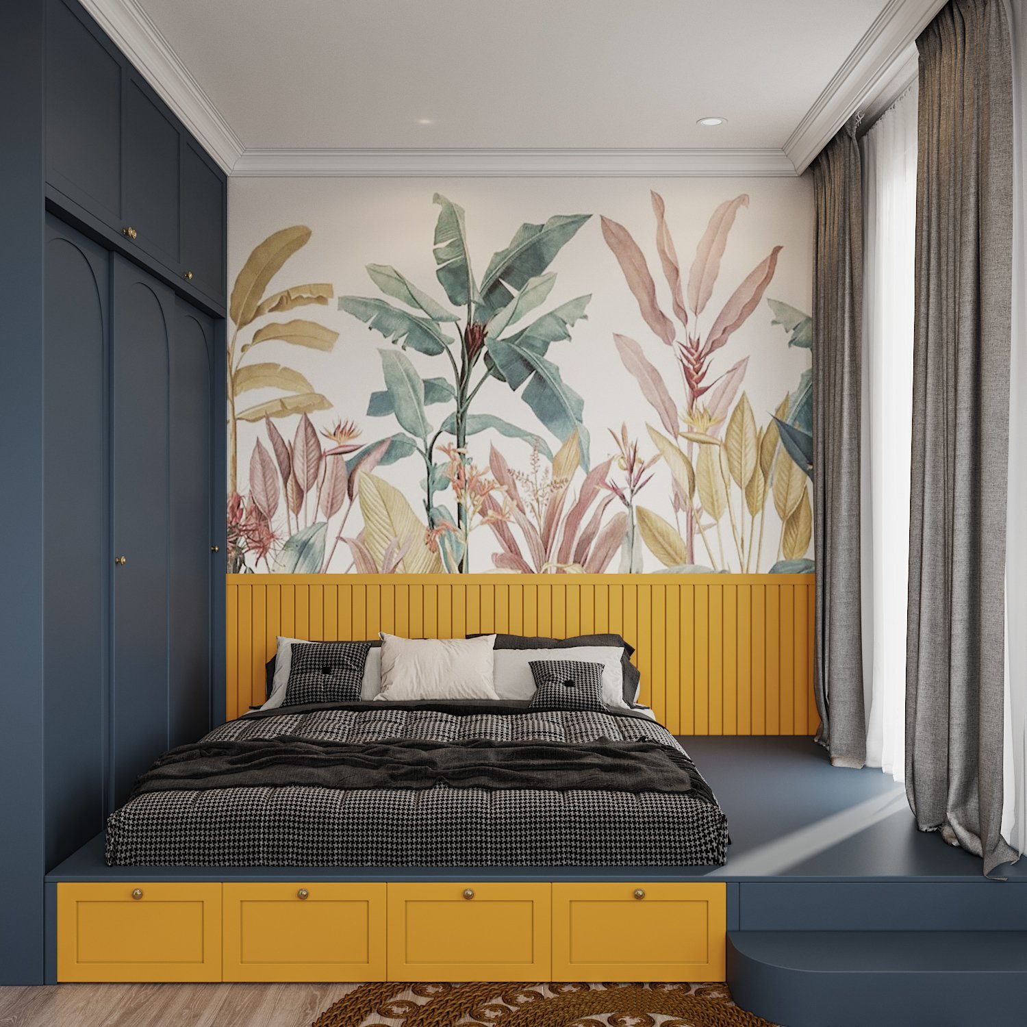 hình ảnh phòng ngủ với giường màu vàng chanh, tủ quần áo xám than, tranh tường họa tiết nhiệt đới