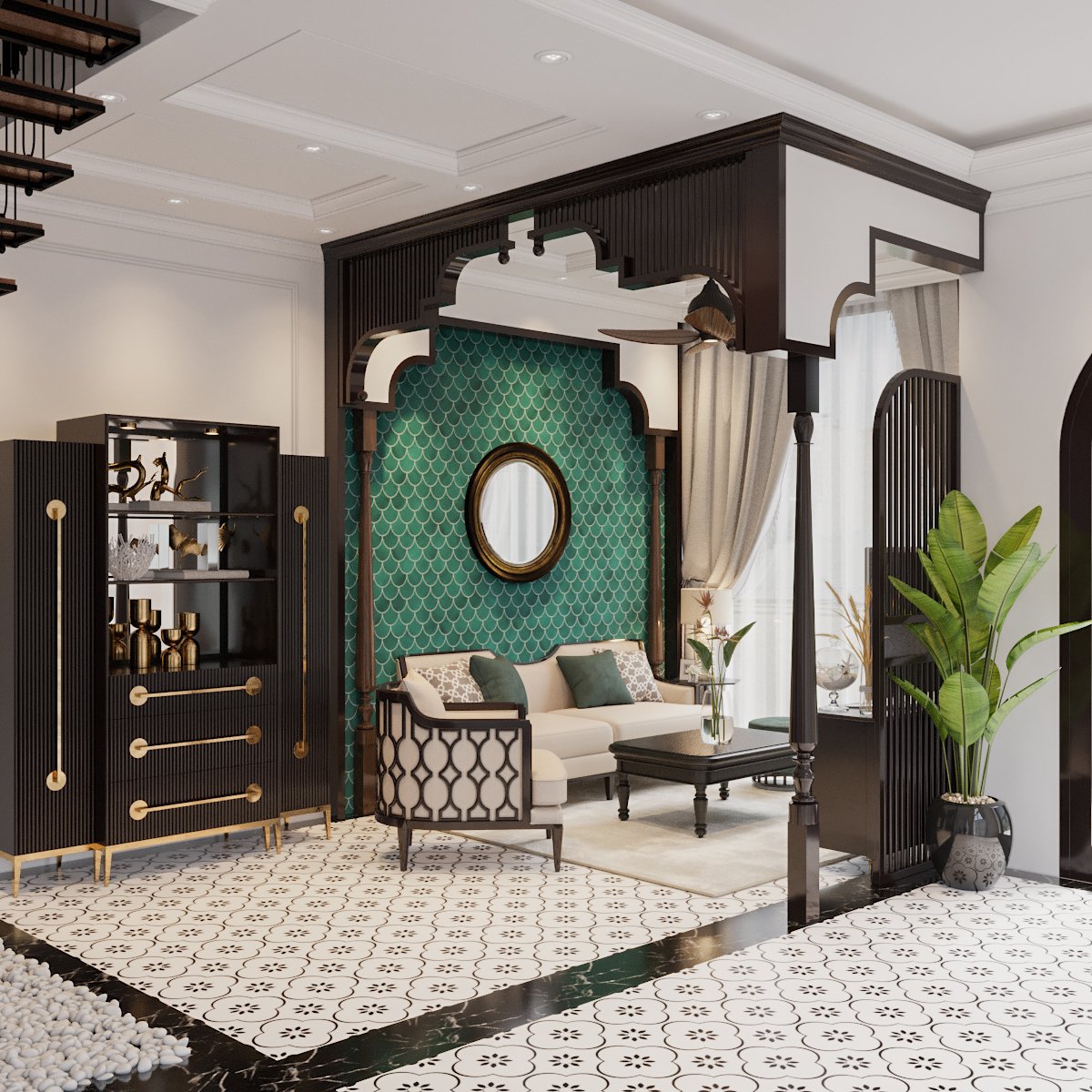 phòng khách biệt thự song lập phong cách Indochine với ghế sofa màu trắng, tường decor màu xanh ngọc tinh tế