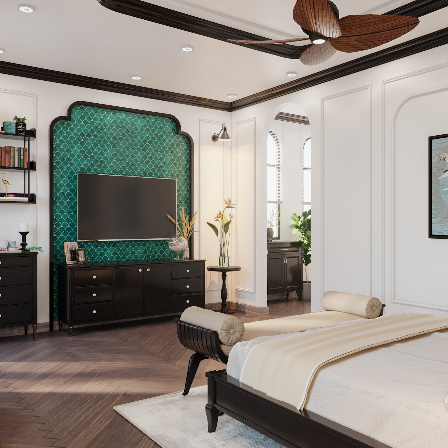 Phòng ngủ master rộng rãi, sử dụng nội thất đồng bộ với không gian sinh hoạt chung bên ngoài. Thay vì nền gạch, gỗ xương cá màu trung tính giúp giữ ấm đôi chân, tạo cảm giác thư giãn, thân thiện cho người dùng.