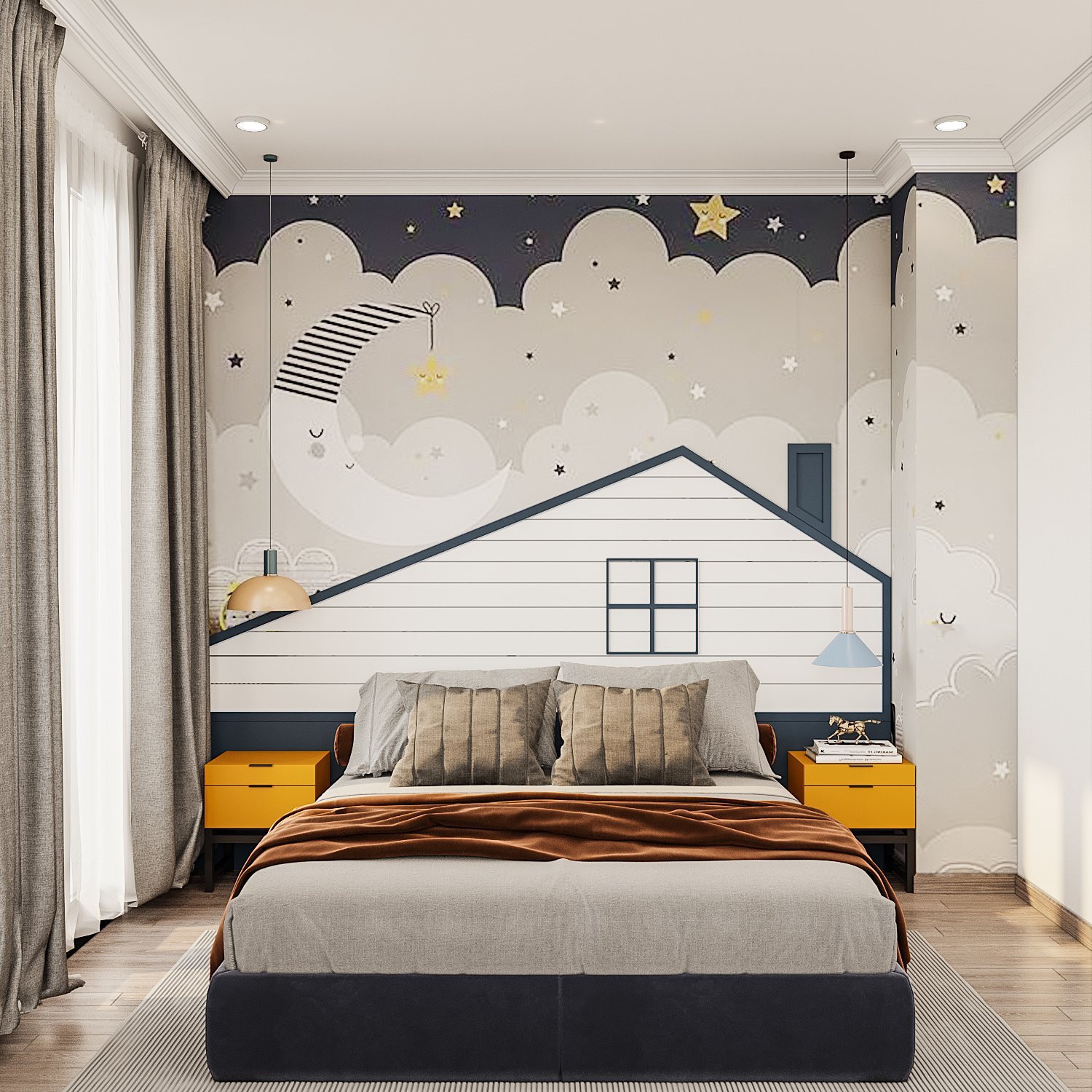 hình ảnh phòng ngủ với tranh tường trăng sao, đám mây, hình ảnh mô hình ngôi nhà, rèm cửa hai lớp