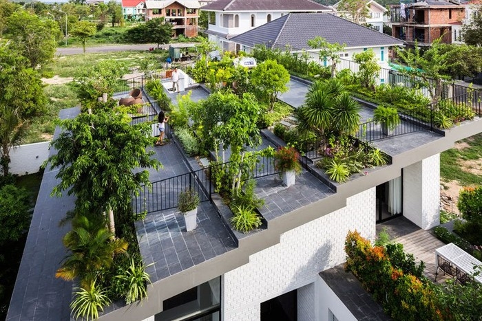 hình ảnh toàn cảnh khu vườn bậc thang trên sân thượng nhà phố với cây cối xanh tốt