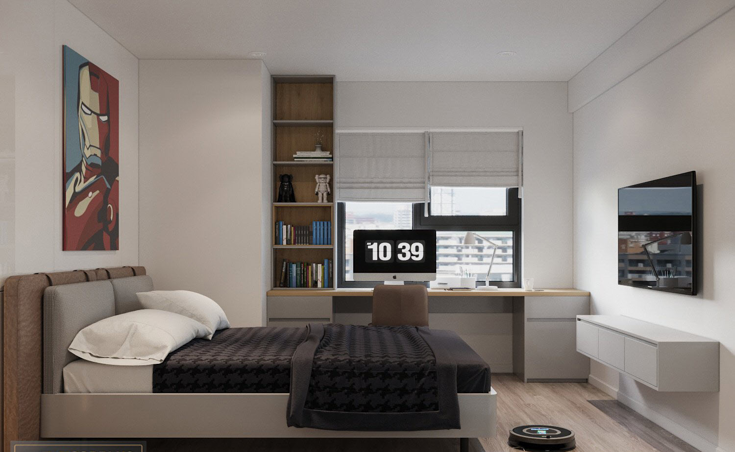 Chỉ với bức tranh điểm nhấn đầu giường tông màu ấm áp, phòng ngủ nhỏ trong căn hộ 120m2 trở nên ấn tượng hơn, hút mắt hơn.