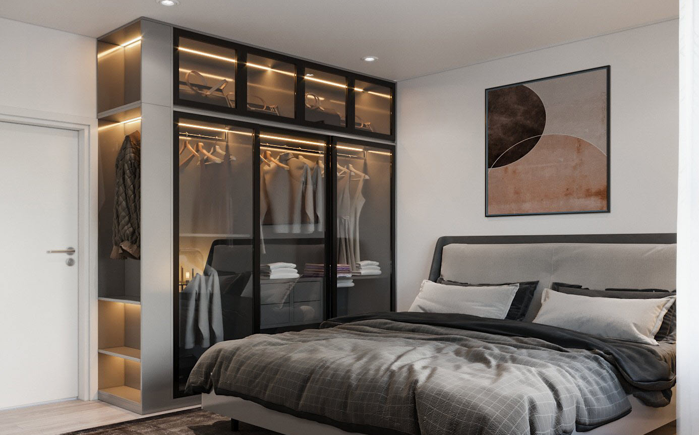 hình ảnh phòng ngủ master với tủ quần áo gương kính trong suốt kết hợp đèn LED trang trí