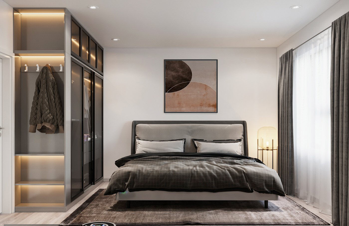 Không gian phòng ngủ master được thiết kế với diện tích khá rộng rãi, sử dụng tông màu xám - nâu - be - trắng kết hợp hài hòa.