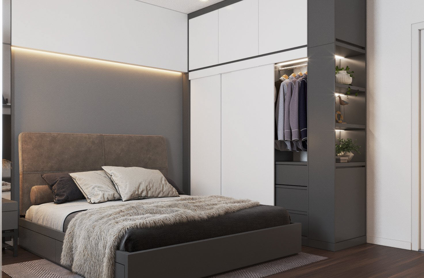 Phòng ngủ sử dụng màu trung tính xám - trắng sang trọng, thiết kế nội thất tối giản nhằm mang lại cho người dùng cảm giác thư giãn tối đa.