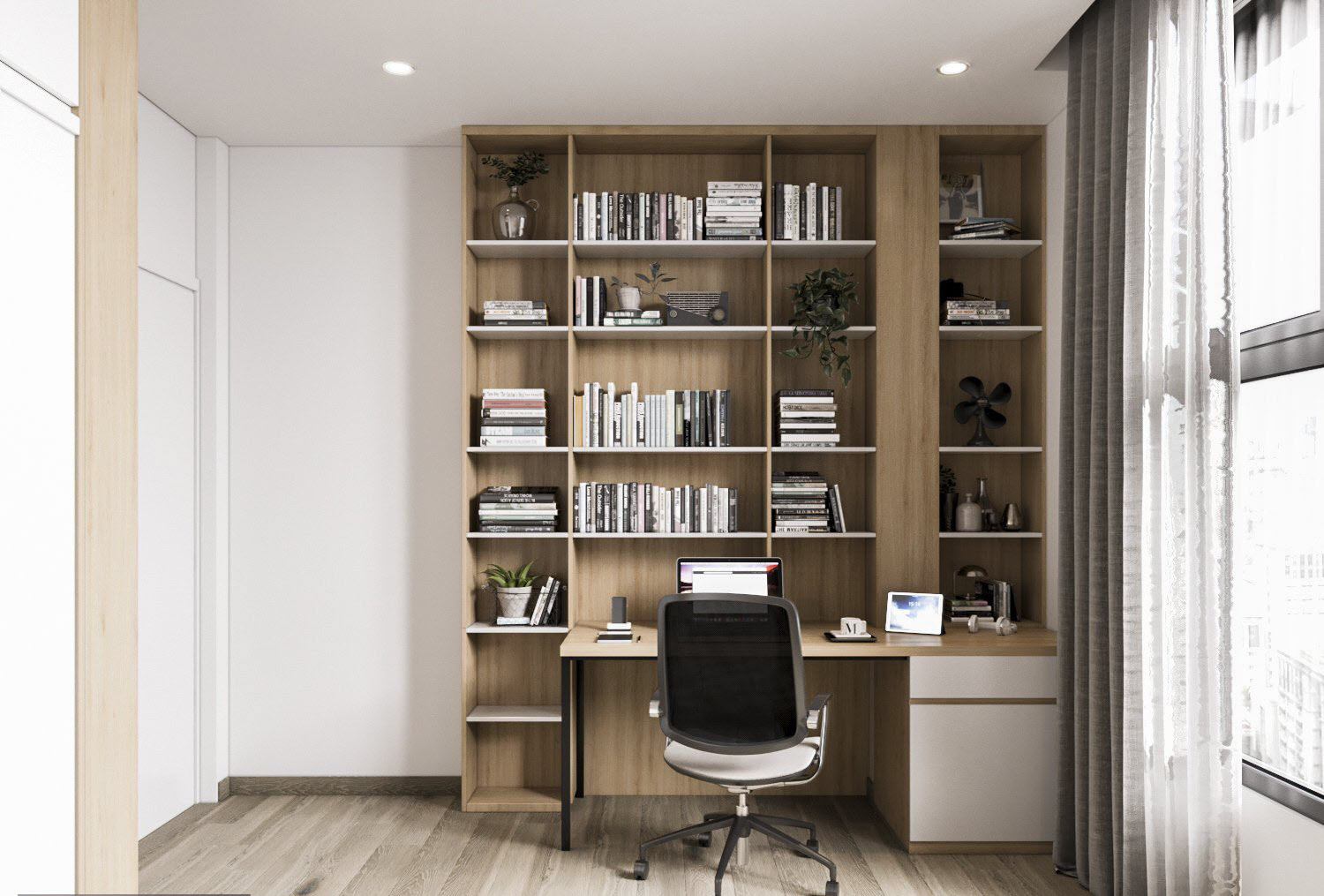 Văn phòng làm việc tại nhà với khung cửa kính cao rộng cho phép ánh sáng tự nhien chan hòa khắp không gian, tạo cảm giác thoáng rộng hơn cho căn phòng.