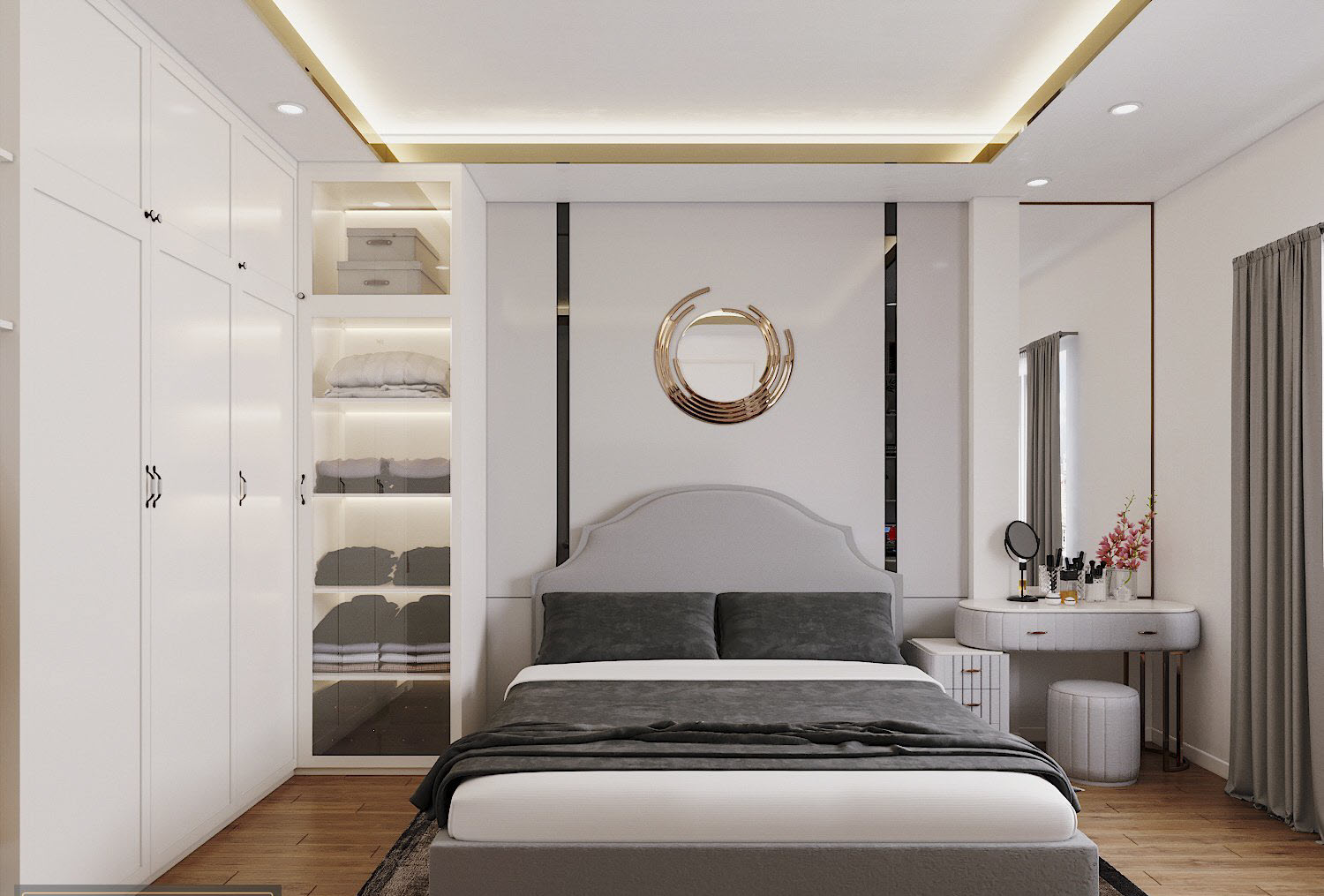 Một phòng ngủ khác với thiết kế nội thất và bảng màu tương tự. Gương lớn vừ tủ kính giúp hút sáng tự nhiên, mang lại cảm giác rộng rãi hơn về mặt thị giác.