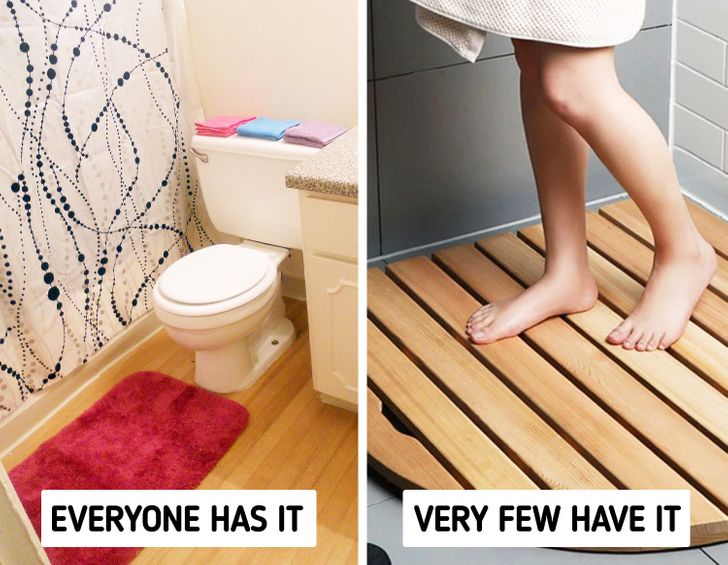 hình ảnh cận cảnh thảm vải màu hồng trong phòng tắm và thảm tre trông phòng tắm