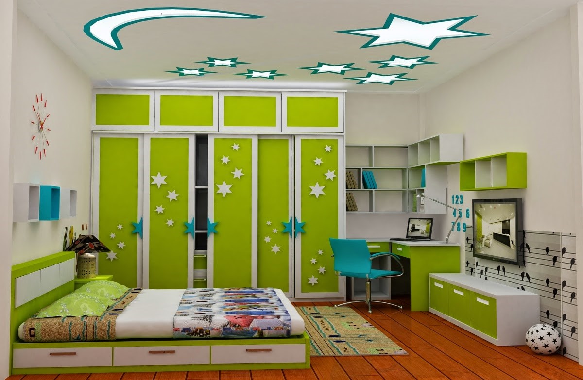 Mẫu phòng ngủ cho con trai với tông màu xanh lá làm điểm nhấn bắt mắt. Tủ cao kịch trần, giá sách gắn tường giúp tiết kiệm tối đa diện tích phòng.