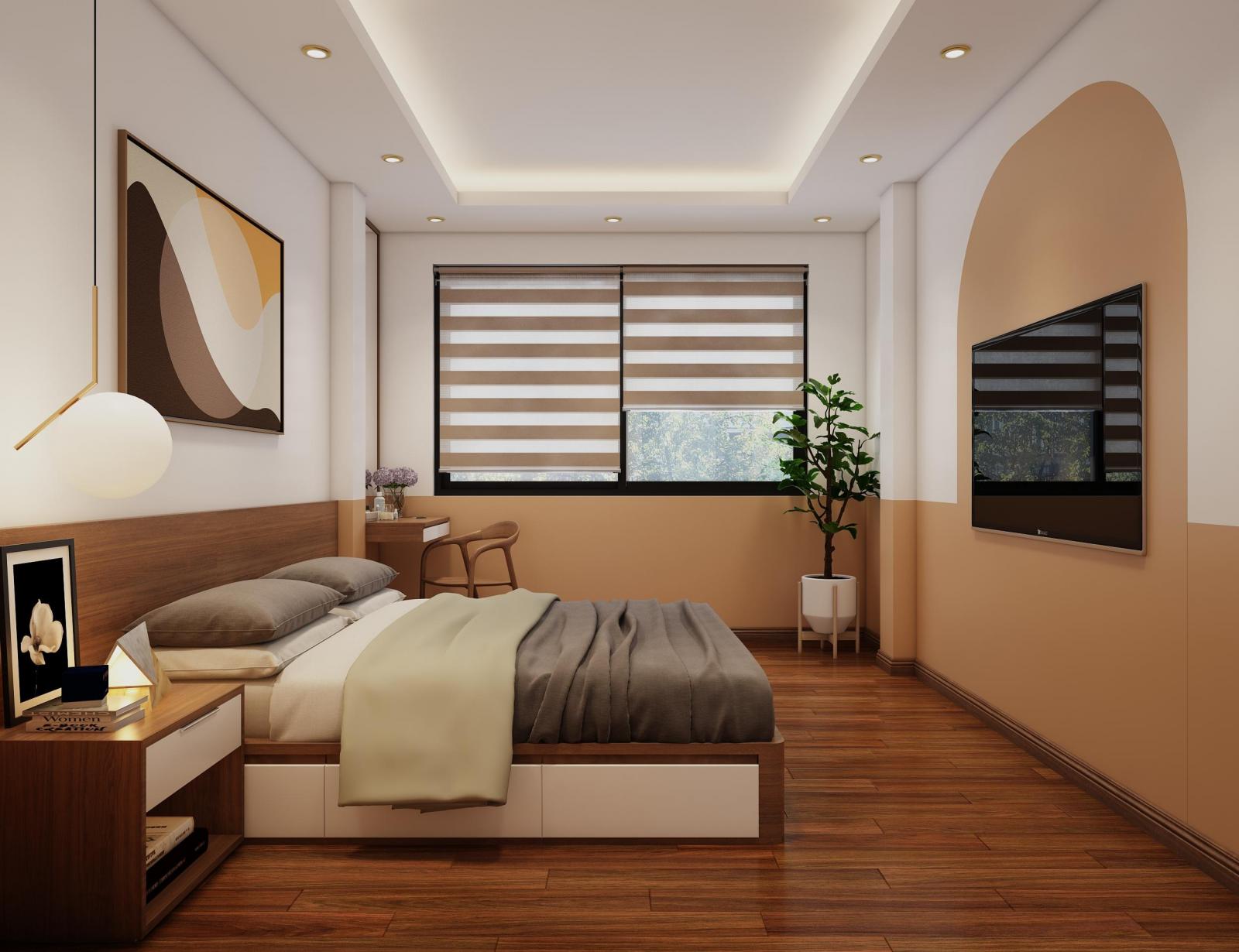 hình ảnh toàn cảnh phòng ngủ nhà phố với sàn gỗ, tranh tường đầu giường, bàn trang điểm cạnh cửa sổ, cây xanh trang trí, tủ đầu giường.