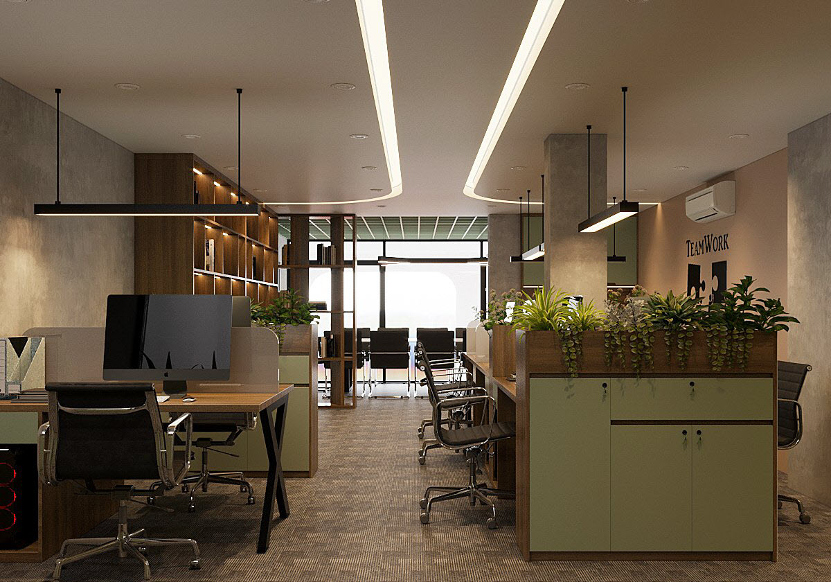 Phòng làm việc của nhân viên trên tầng 2 được thiết kế ở mặt phía ngoài với ánh sáng tự nhiên ngập tràn, lối đi thoáng gọn.
