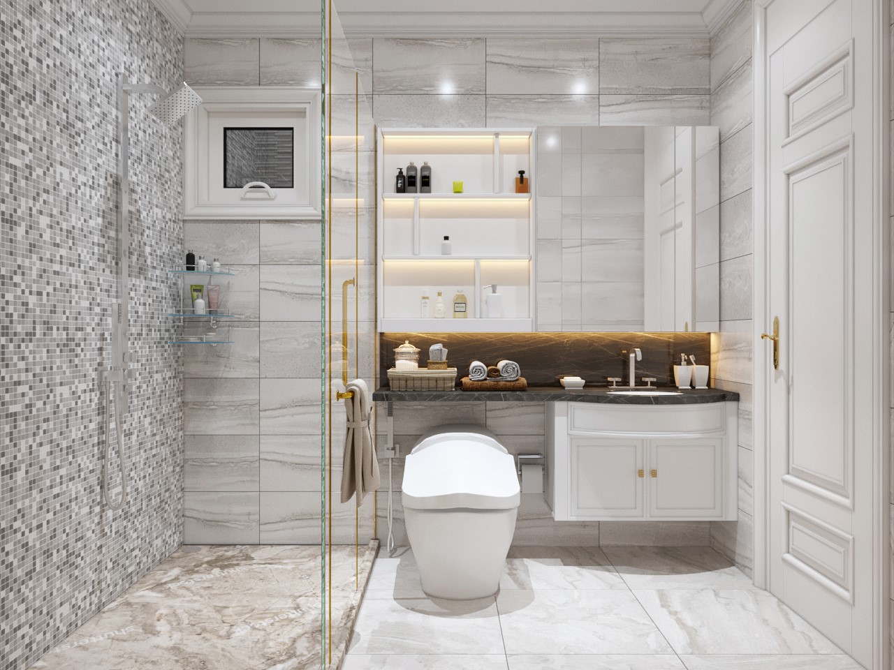 Phòng tắm - vệ sinh nhà ống 3 tầng 1 tum được phân tách làm 2 khu vực chức năng bởi vách kính trong suốt, đảm bảo sự khô thoáng, sạch sẽ.