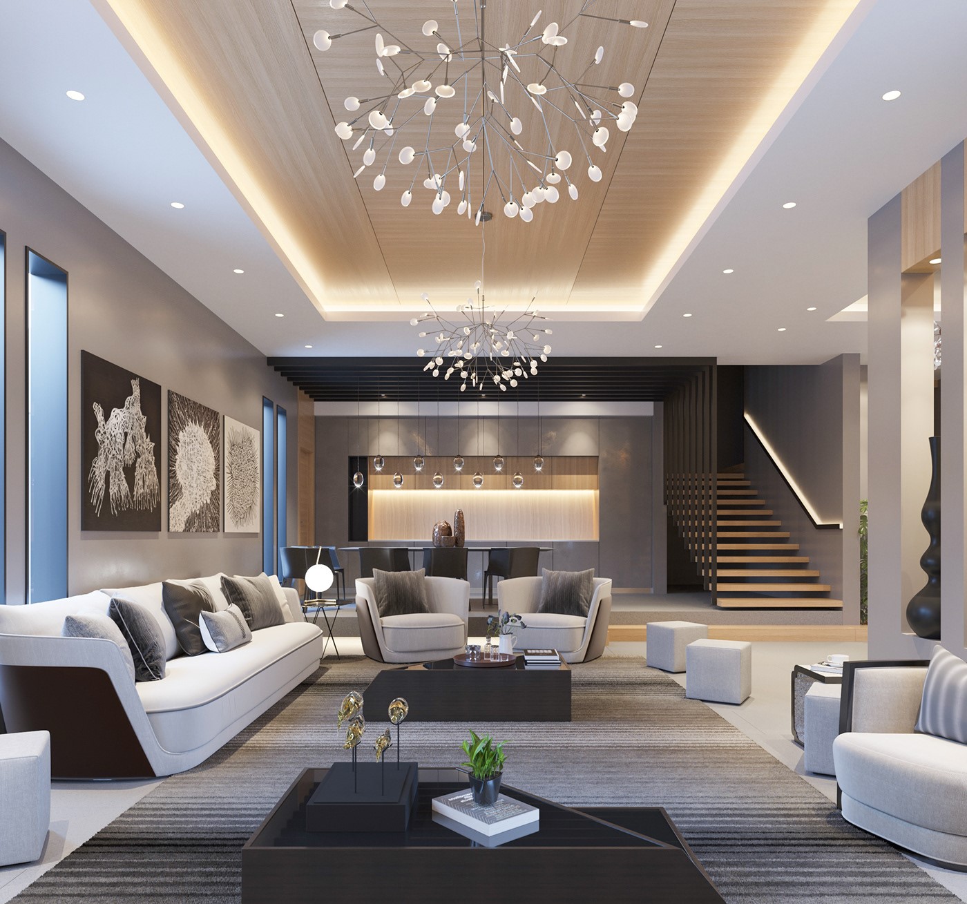 Phòng khách biệt thự 2 tầng sang trọng với bộ sofa trắng kết hợp gối tựa màu xám trung tính. Đèn chùm tạo điểm nhấn tinh tế cho toàn bộ không gian.