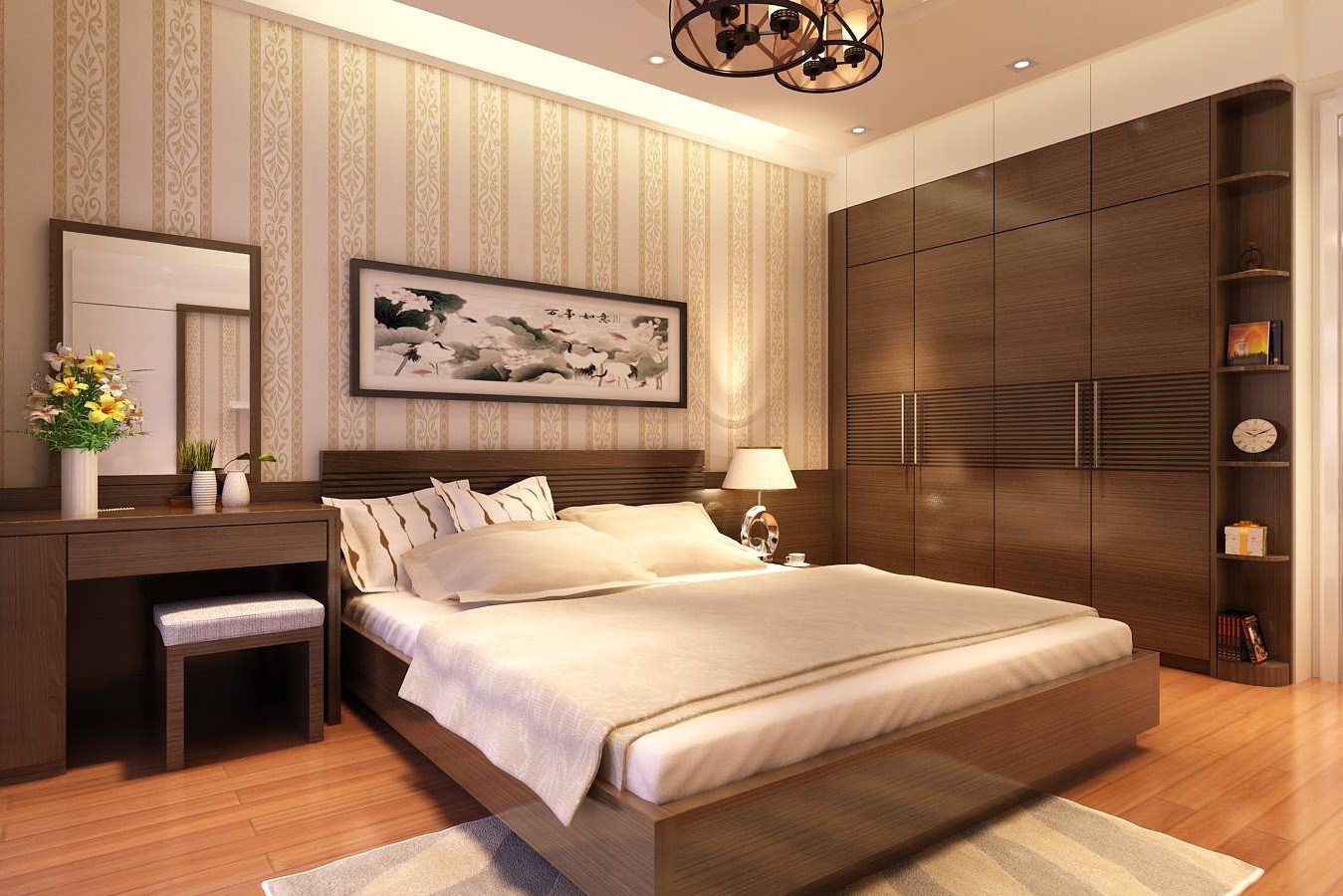 Phòng ngủ master của vợ chồng gia chủ đậm chất truyền thống với bảng màu nâu, be chủ đạo mang lại cảm giác bình yên và thư giãn.