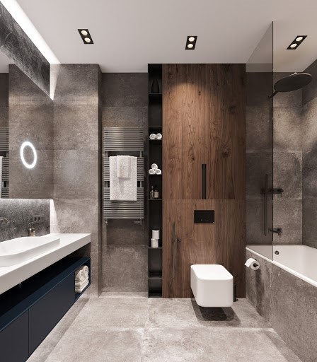 Phòng tắm - vệ sinh trong biệt thự 2 tầng mái Thái tông màu trắng xám hiện đại.