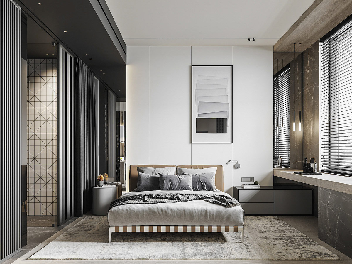 Trong căn hộ 48m2, phòng ngủ khá rộng rãi với ánh sáng tự nhiên ngập tràn, giúp tôn lên vẻ đẹp của đường nét nội thất tân cổ điển.