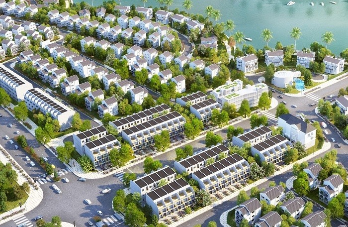 hình ảnh phối cảnh một khu đô thị nhìn từ trên cao với nhà ở, biệt thự liền kề, cây xanh, sông nước