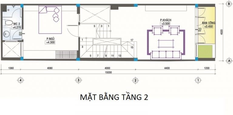 Mặt bằng bố trí nội thất tầng 2 nhà ống