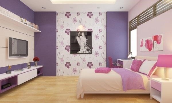 Mẫu thiết kế nội thất phòng ngủ con gái với đầy đủ tiện ích hiện đại, sử dụng bảng màu tím oải hương làm điểm nhấn hút mắt.