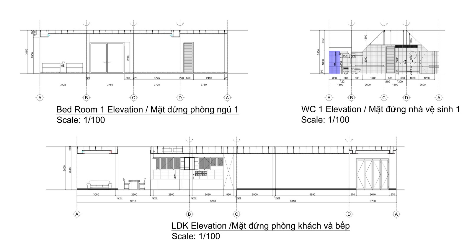 Mặt cắt đứng các phòng chức năng trong ngôi nhà