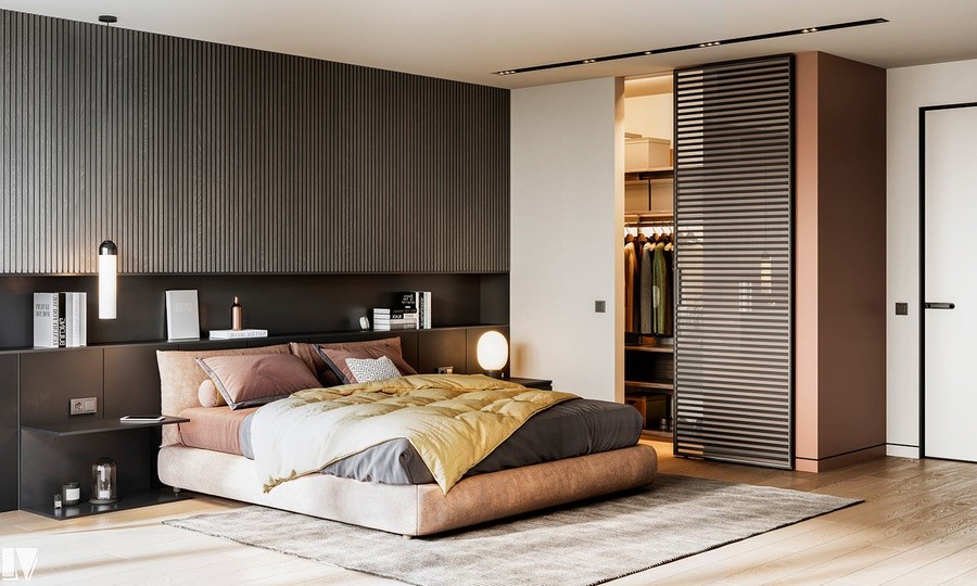 Phòng ngủ master của vợ chồng gia chủ toát lên vẻ sang trọng, sử dụng nội thất cao cấp, phối màu hài hòa với không gian tổng thể.