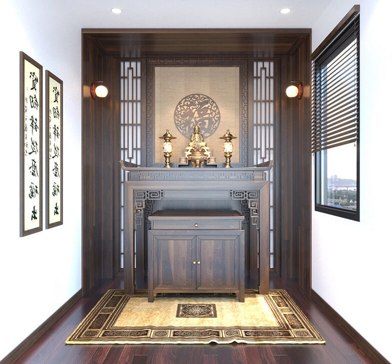 Không gian thờ cúng tôn nghiêm, sử dụng nội thất gỗ sẫm màu tạo chiều sâu cho căn phòng.