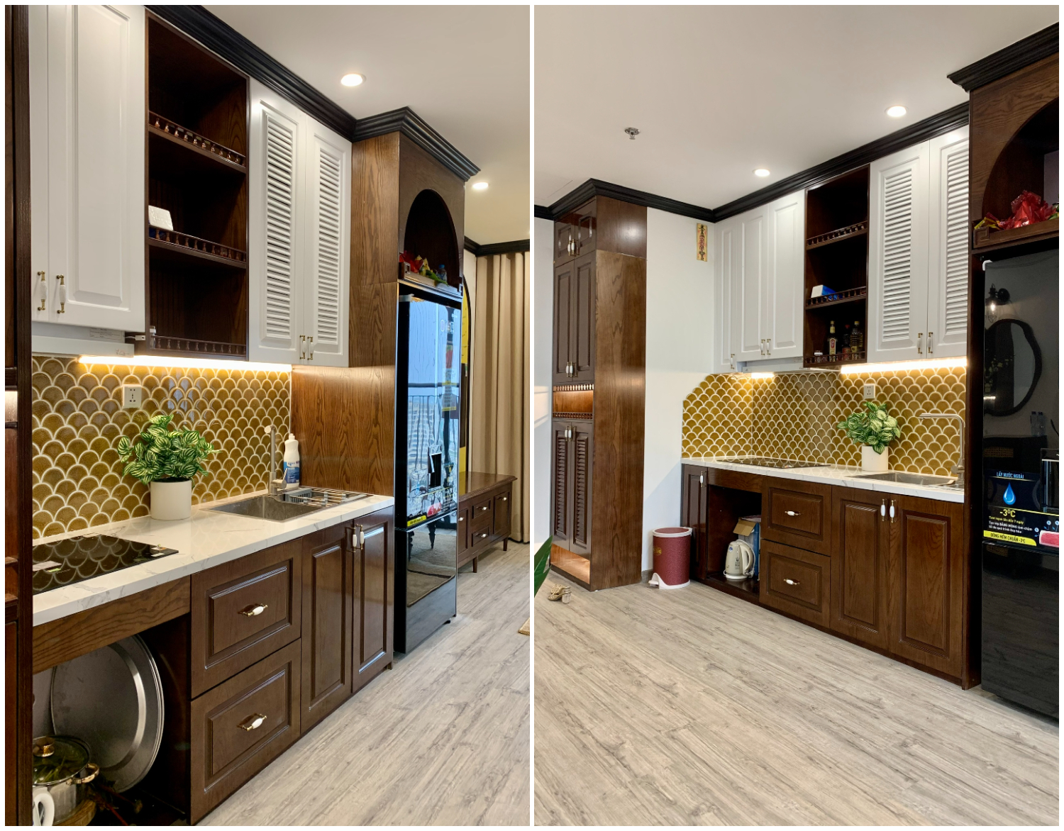 Không gian bếp được bố trí gọn gàng dọc theo mảng tường với hệ tủ bếp cao kịch trần sơn màu trắng tinh khôi. Thiết kế này vừa cung cấp chỗ trữ đồ rộng rãi, vừa tạo độ thoáng.