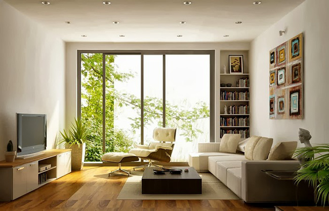 hình ảnh phòng khách hiện đại, rộng rãi, ngập tràn ánh sáng tự nhiên, cửa sổ kính mở ra mảng cây xanh bên ngoài