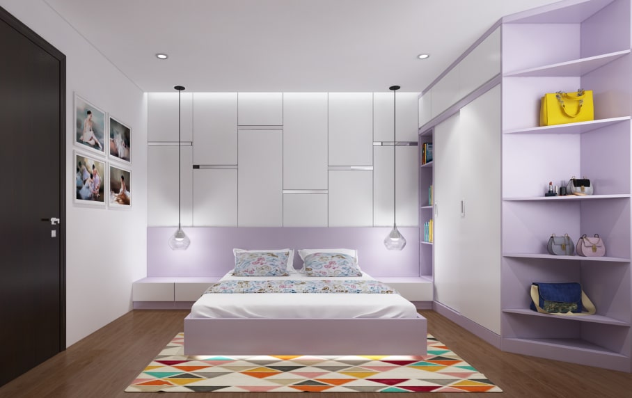 Mẫu thiết kế phòng ngủ con gái với sắc tím oải hương nhẹ nhàng mà bạn có thể tham khảo cho cô công chúa nhà mình.