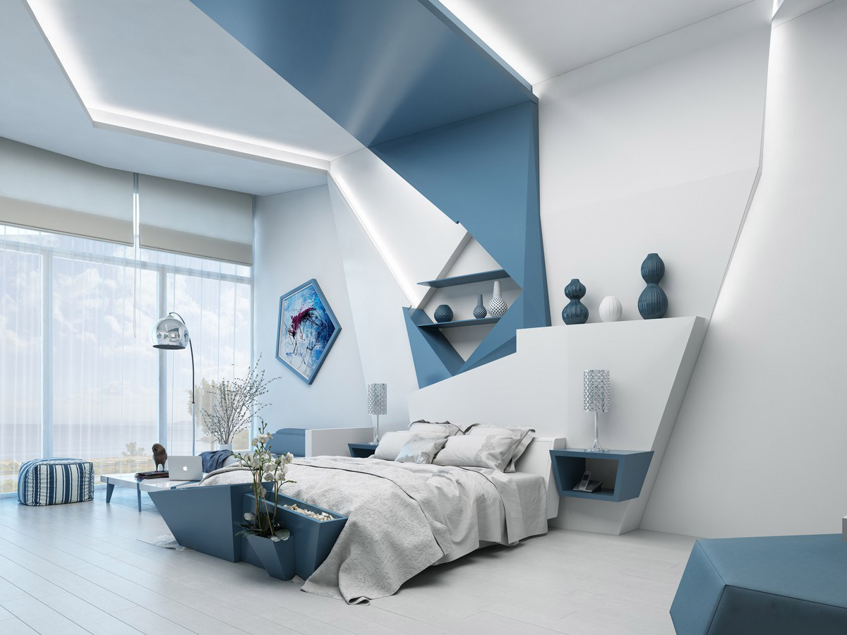Phòng ngủ ấn tượng với nội thất hình khối điêu khắc sắp xếp ngẫu hứng. Tông màu trắng, xanh dương kết hợp hài hòa là lựa chọn hoàn hảo trong mùa hè này.