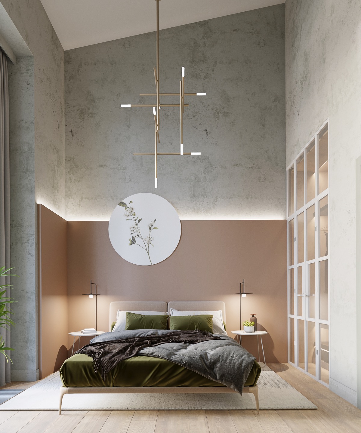 Trong phòng ngủ này, ánh sáng được thiết kế vô cùng khéo léo, vừa đủ để thắp sáng mà không tạo cảm giác nóng bức, kết hợp ăn ý với màu sơn tường.