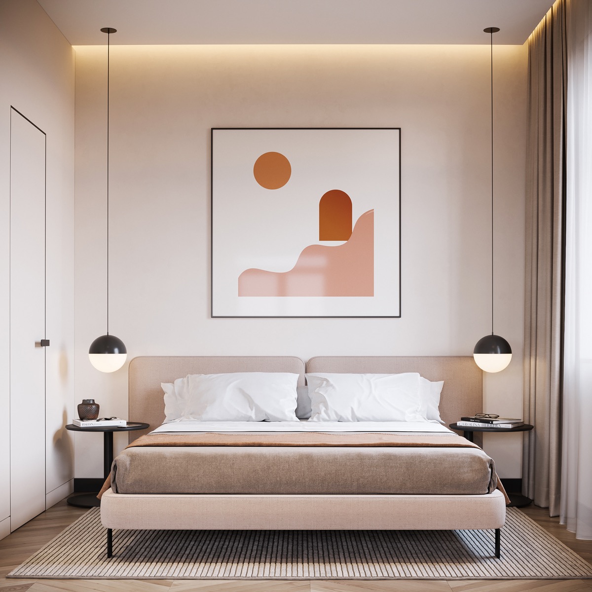 Phòng ngủ màu trung tính được tô điểm bởi bức tranh tường trừu tượng, màu sắc tươi sáng, không quá tương phản với màu nền chủ đạo.
