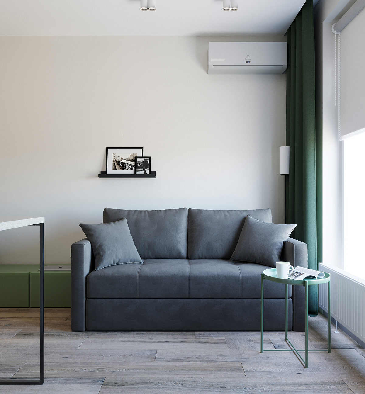 Phòng khách căn hộ 39m2 được thiết kế với tông màu trắng sáng làm phông nền chính tạo cảm giác rộng mở, tươi mới hơn cho căn phòng. Cùng với đó là những điểm nhấn màu xanh lá sinh động từ rèm cửa, bàn cà phê, kệ ngồi.
