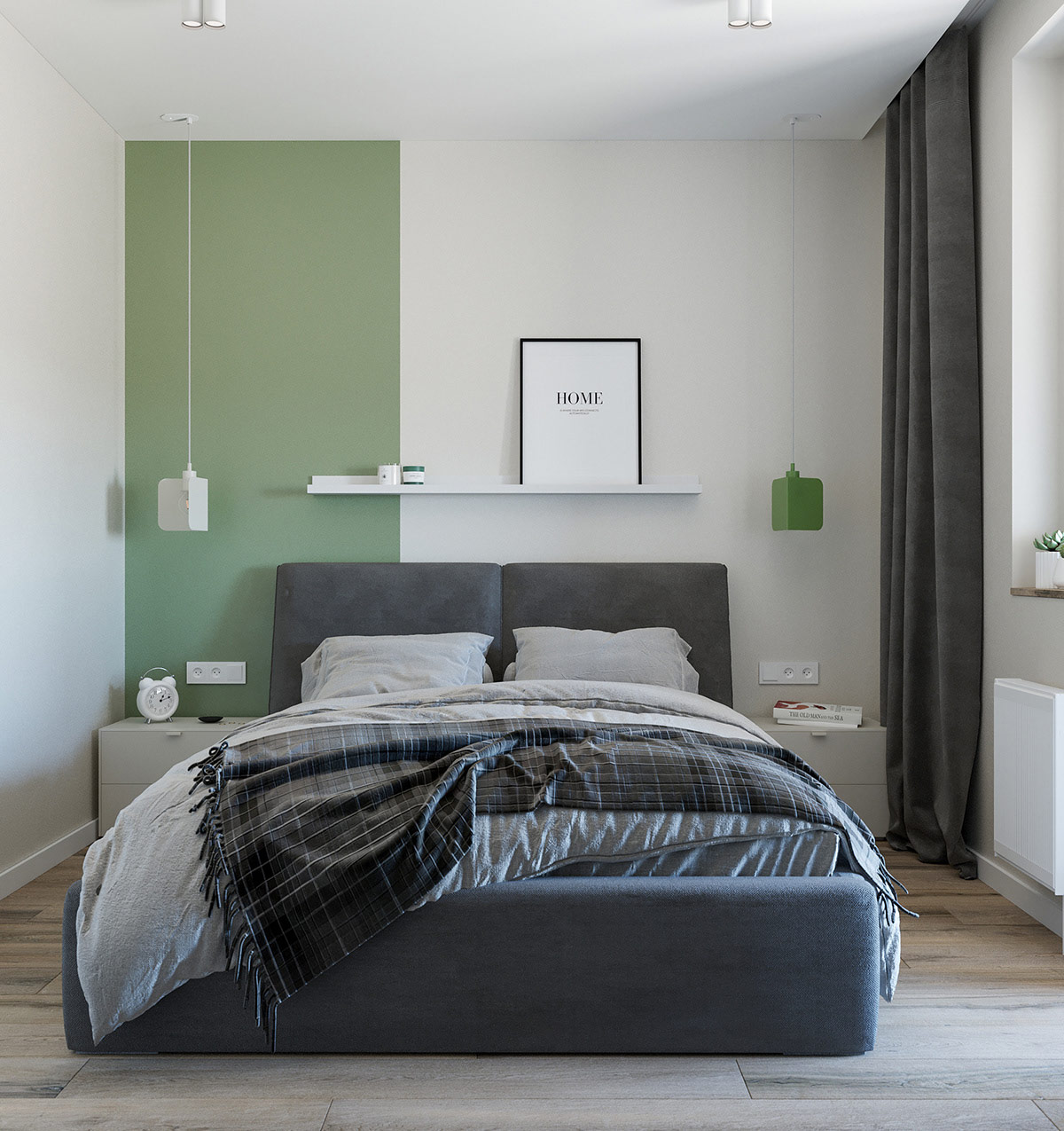 Với phòng ngủ, tông màu trắng và xanh lá tiếp tục kết hợp ăn ý, mang đến cái nhìn hiện đại, tràn đầy năng lượng tích cực.