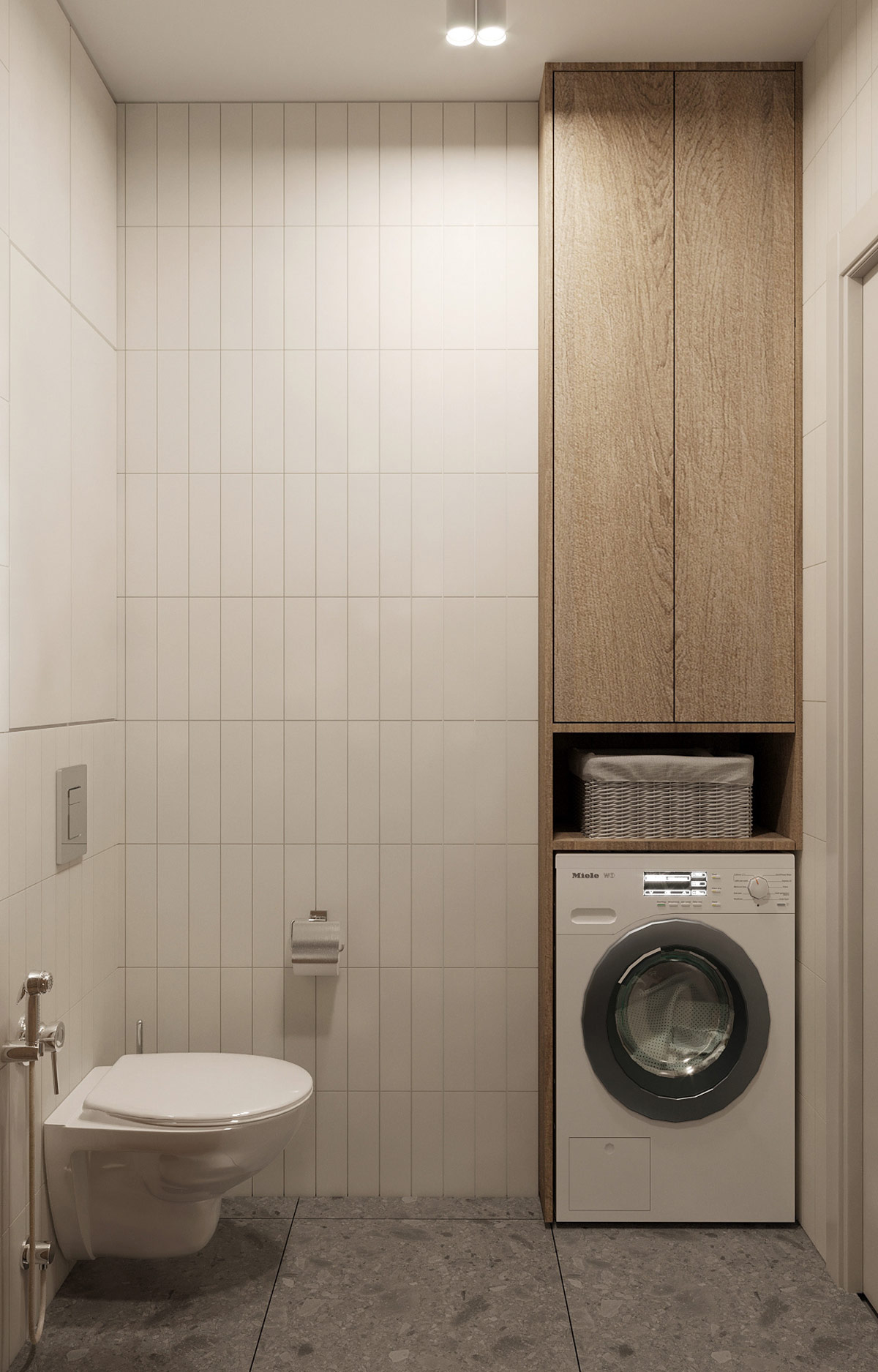 Phòng vệ sinh tích hợp phòng giặt hiện đại.