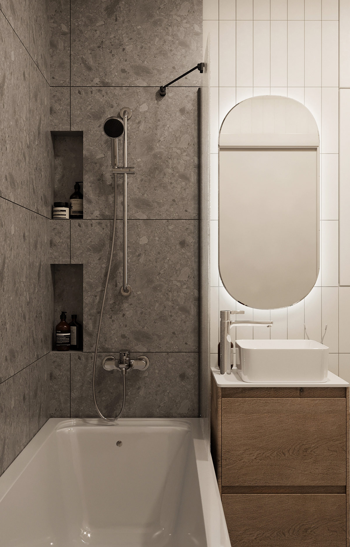 Gạch đá granite bao phủ sàn và tường phòng tắm căn hộ thoáng sạch.