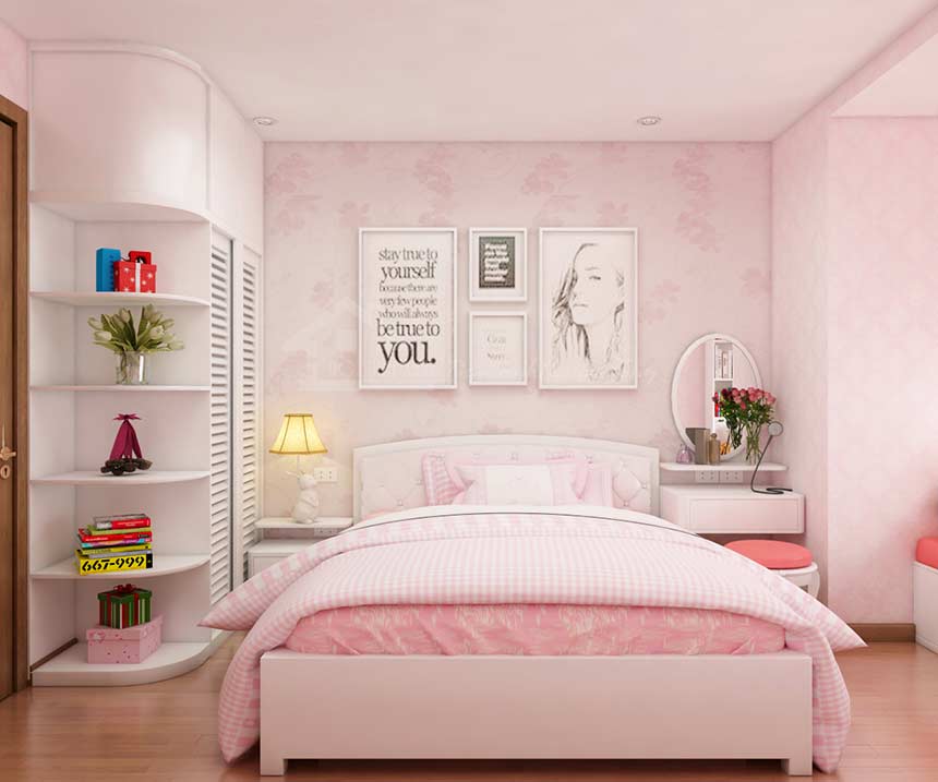 Phòng ngủ con gái gam màu hồng pastel nhẹ nhàng, nữ tính. Tủ kệ liền tường, cao kịch trần cung cấp không gian lưu trữ thoải mái, giúp căn phòng luôn thoáng gọn.