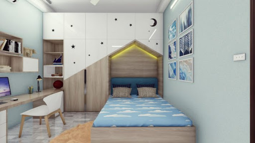 Phòng ngủ bé trai với thiết kế giường tủ độc đáo, sinh động. Đối diện khu vực ngủ nghỉ là góc học tập đầy đủ tiện ích cơ bản.
