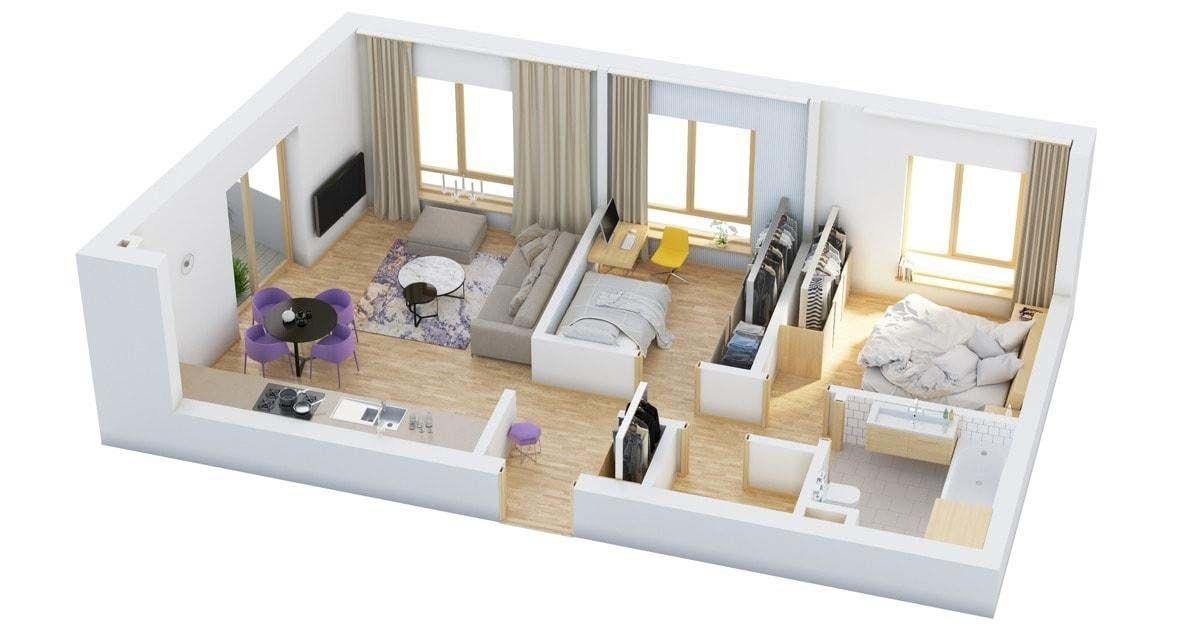 Phối cảnh không gian nội thất mẫu nhà 1 tầng 2 phòng ngủ